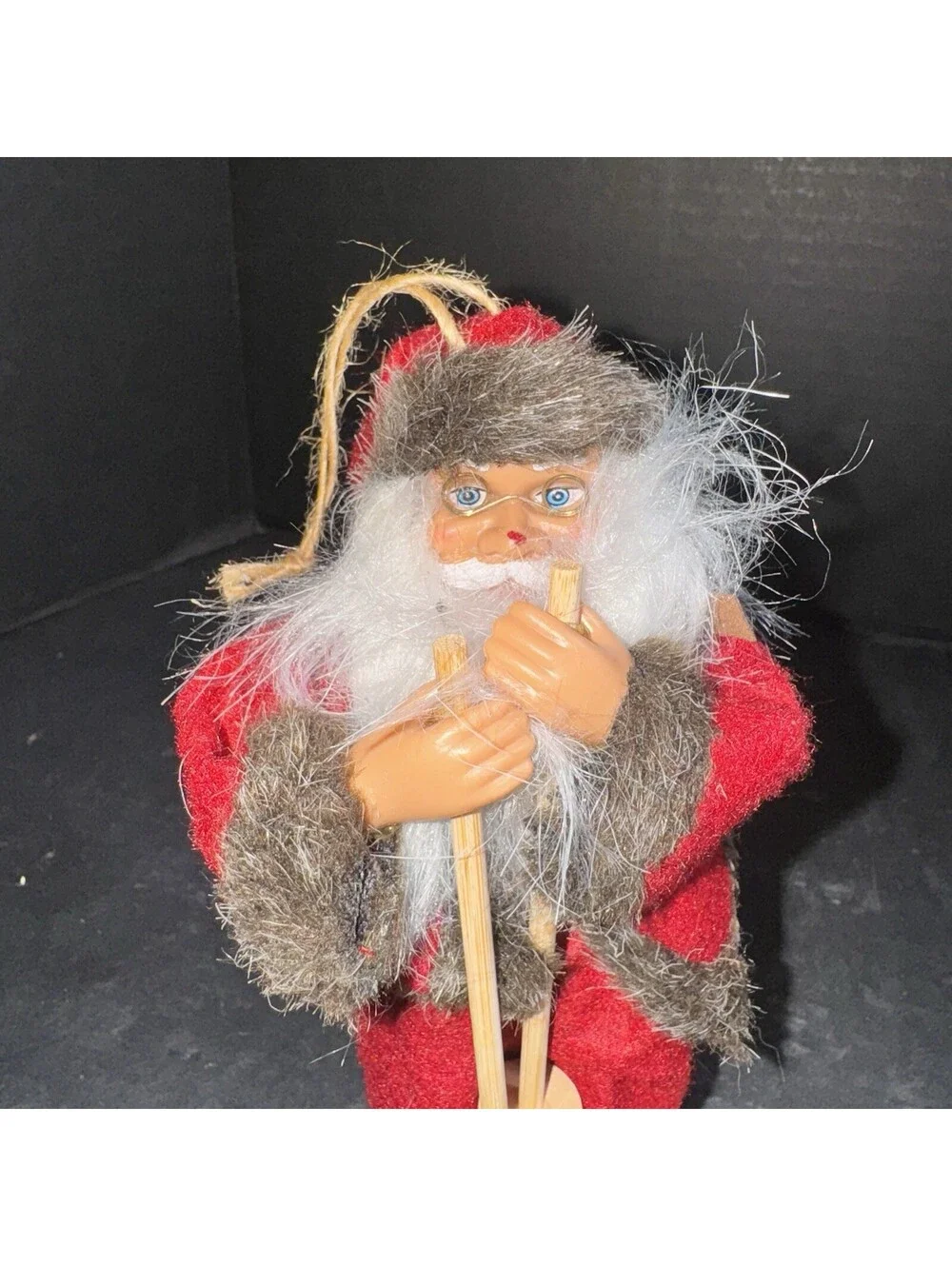Vtg Santa Claus Skiing Figurine 7” Wooden Skis & Poles Faux Fur Trim Christmas